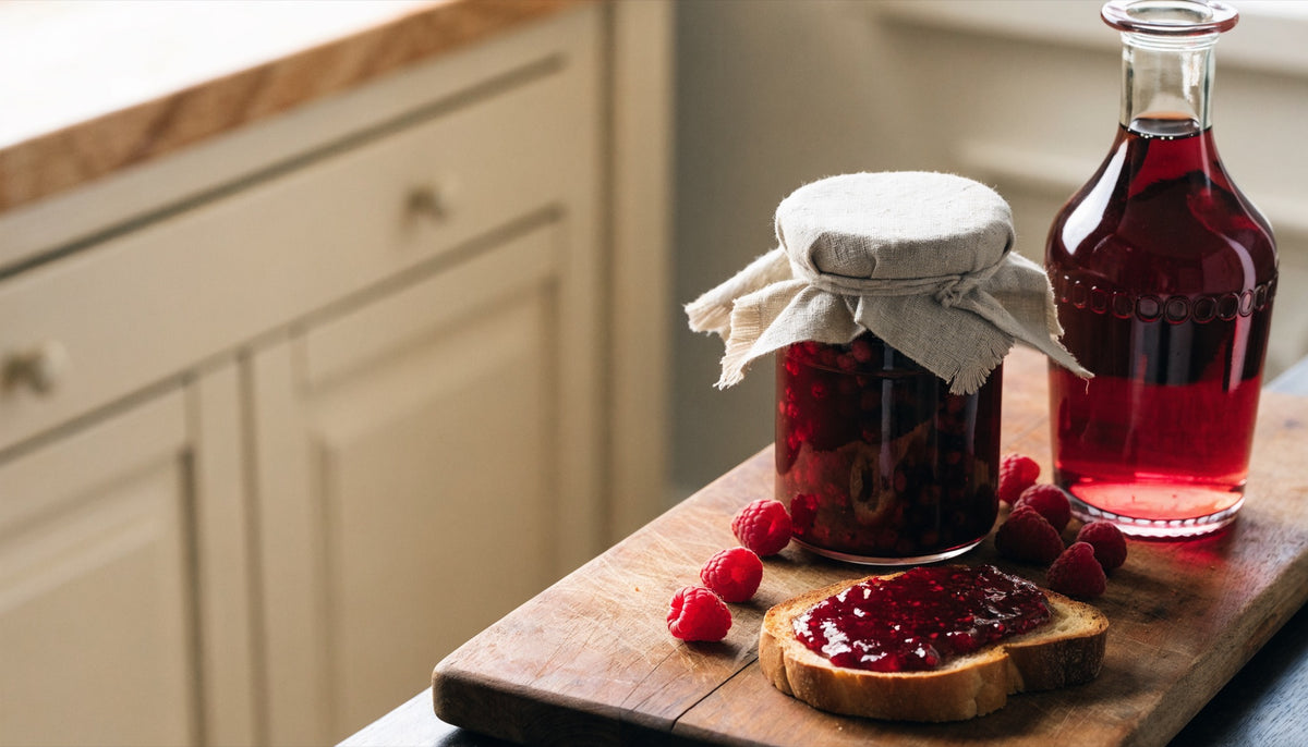 Raspberry jam jar and syrup bottle on a cutting board with fresh raspberries and toast in a warm farmhouse kitchen