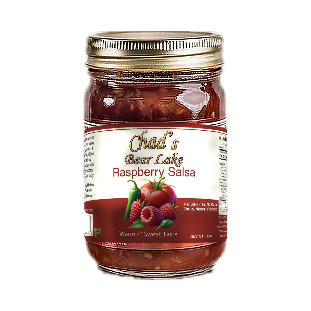 Jar of Chad's Warm & Sweet Raspberry Salsa, 2025 label