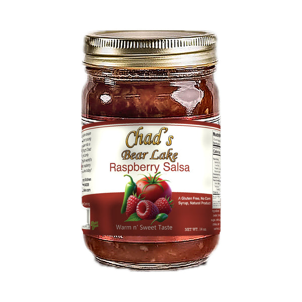 Jar of Chad's Warm & Sweet Raspberry Salsa, 2025 label